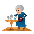 Grandma takes a pills. Old woman eating pill for health, stand beside table with bottles of pills and held pill in hand