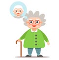 Grandma thinks about her man. cute gray woman with a cane.