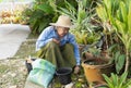 Grandma try to pluck grasses and take care ornamental plants as a hobby