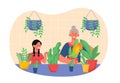 Grandma watering flowers vector