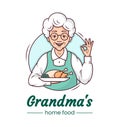 Grandmas cooking cafe logo, cute character cartoon design. Cheerful grandmother with a plate of appetising homemade food