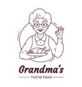 Grandmas cooking cafe logo, cute character cartoon design. Cheerful grandmother with a plate of appetising homemade food