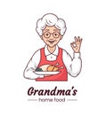 Grandmas cooking cafe logo, cute character cartoon design. Cheerful grandmother with a plate of appetising homemade food