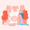 Grandmathem doing laundry, washing clothes, washmachine and basket with clothing vector illustration Royalty Free Stock Photo