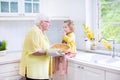 Grandmother and adorable girl baking pie in white kitchen Royalty Free Stock Photo