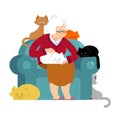 Grandmother and cat sitting on chair. granny cat lady. grandma a Royalty Free Stock Photo