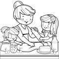 Grandmother and children cooking in the kitchen. Vector black and white coloring page.