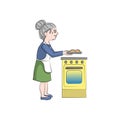 Grandmother cooks pies near the stove. Vector color