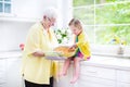 Grandmother and cute girl baking pie in white kitchen Royalty Free Stock Photo