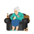 Grandmother drinks alcohol and Smoke cigar. old woman in an armchair with bottle Whiskey. grandma and cat. Brandy and Tequila Royalty Free Stock Photo