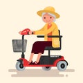 Grandmother, an elderly woman in hat rides on an electric wheelchair. Vector illustration in a flat style