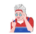 Grandmother gesture. Granny old woman gesture. Retro vector illustration. Pretty old woman in glasses gives an advice.Blue apron a