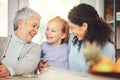 Grandmother, girl and mother laughing in home, playing and bonding together. Grandma, mama and happy child laugh at