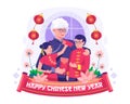 Grandmother giving lucky red envelopes to her two grandchildren. Happy Chinese New Year. Vector illustration