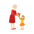 Grandmother Giving Present To Granddaughter, Part Of Grandparent And Grandchild Passing Time Together Set Illustrations Royalty Free Stock Photo