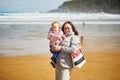 Grandmother and granddaughter enjoying Atlantic ocean on the beach Royalty Free Stock Photo