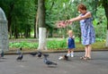 Grandmother and granddaughter feed pigeons