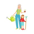 Grandmother And Granddaughter Gardening, Part Of Grandparent Grandchild Passing Time Together Set Illustrations