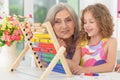 Grandmother and granddaughter learning to use abacus