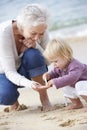 Grandmother And Granddaughter Looking at Shell On Beach Together Royalty Free Stock Photo