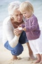 Grandmother And Granddaughter Looking at Shell On Beach Together Royalty Free Stock Photo