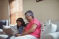 Grandmother and granddaughter using laptop in living room