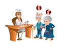 Grandmother and grandfather at the doctor with pain problems. Cartoon character grandma and grandfa stand beside with doctor who