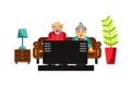 Grandmother and grandfather watching tv on the sofa. Elderly people