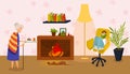 Grandmother and grandkid, cozy home room, fireplace, bookshelf, flat vector illustration. Aged female carry tray food