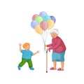 Grandmother and grandson. Cute illustration of a grandmother who gives him balloons. An elderly woman congratulates a