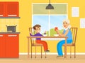 Grandmother and Grandson Eating, Drinking Tea and Talking to Each Other, Family Sitting at Dining Table Vector