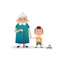 Grandmother and grandson holding hands. Little boy with a toy car and old woman cartoon illustration. Happy family