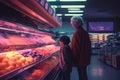Grandmother and grandson looking cool in 80s styled synthwave store. People in supermarket. Generated AI. Royalty Free Stock Photo