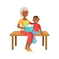 Grandmother And Grandson Reading Book, Part Of Grandparent Grandchild Passing Time Together Set Illustrations