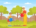 Grandmother and Grandson Watering Trees in the Backyard, Grandma Spending Time with Grandchild Cartoon Vector