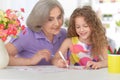 Grandmother helping her granddaughter doing homework Royalty Free Stock Photo