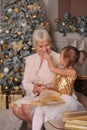 Grandmother and granddaughter having fun near the New Year tree