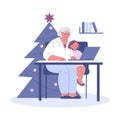 Grandmother with her granddaughter are sitting with laptop at Christmas on background of Christmas tree. Vector