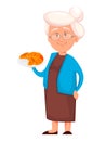 Grandmother holding delicious croissants. Cute cartoon character.