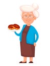 Grandmother holding delicious donuts. Cute cartoon character.