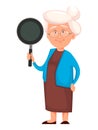 Grandmother holding frying pan. Cute cartoon character.