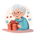 grandmother holding a gift with hearts and leaves in the background