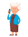 Grandmother holding smartphone. Cute cartoon character.