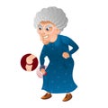 Grandmother holds her hand to her sick knee. Cartoon character grandma with painful damage. Pain in knee, trouble with leg Royalty Free Stock Photo