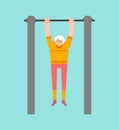 Grandmother on horizontal bar. Pull up grandma street workout. Old woman Sport. Fitness for seniors