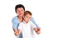 Grandmother hugging her grandson on a white background, showing signs Royalty Free Stock Photo