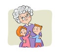 Grandmother hugs her grandchildren