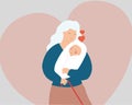 Grandmother hugs his newborn with love. Senior woman embraces a baby with care. Happy grandma holds her grandchild.