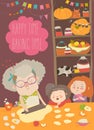 Grandmother and kids bake together at a kitchen