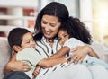 Grandmother with kids in living room, mothers day love and young girl hug grandma in Mexico. Happy elderly woman relax Royalty Free Stock Photo